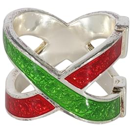 Gucci-Anillo con diseño de tribanda roja y verde de Gucci con esmalte cruzado en plata de ley-Plata,Metálico