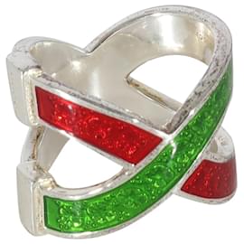 Gucci-Anel esmaltado cruzado vermelho e verde Gucci Web em prata esterlina-Prata,Metálico
