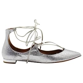Aquazzura-Aquazzura Glittered Christy Lace-up Pointed-Toe Flats in Silver Leather-Silvery