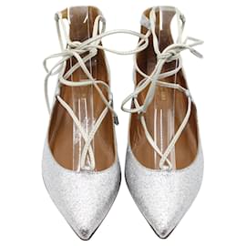 Aquazzura-Aquazzura Glittered Christy Lace-up Pointed-Toe Flats in Silver Leather-Silvery