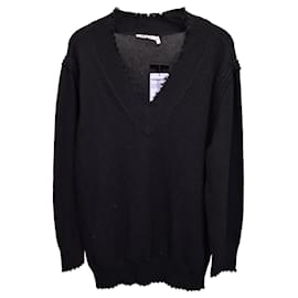T By Alexander Wang-T by Alexander Wang Distressed V-Neck Sweater Dress aus schwarzer Baumwolle-Schwarz