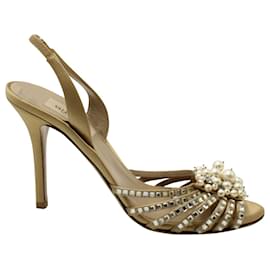 Valentino Garavani-Valentino Pearl Embellished Slingback Heels in Gold Satin-Golden