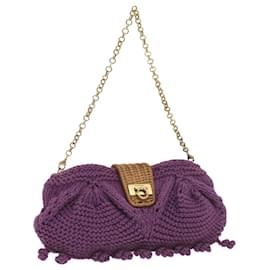 Salvatore Ferragamo-Salvatore Ferragamo Gancini Chain Shoulder Bag Cotton Purple Auth 68677A-Purple