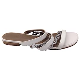 Autre Marque-Hermes White / Silver Metallic Chain Strap Flat Leather Sandals-White