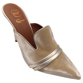 Autre Marque-Malone Souliers Champagne Metallic Leather Trimmed Pointed Toe Velvet Mule Heels-Beige