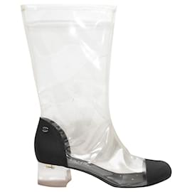 Chanel-Clear & Black Chanel PVC & Grosgrain Cap-Toe Boots Size 39-Black