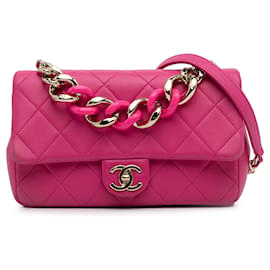 Chanel-Borsa a tracolla con patta singola a catena elegante rosa Chanel piccola in pelle di agnello-Rosa