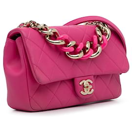 Chanel-Borsa a tracolla con patta singola a catena elegante rosa Chanel piccola in pelle di agnello-Rosa
