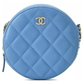 Chanel-Bolso de mano redondo acolchado de piel de cordero Chanel azul con bolso bandolera con cadena-Azul