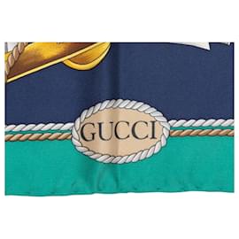 Gucci-Green & Multicolor Gucci Sailboat Print Silk Scarf-Green