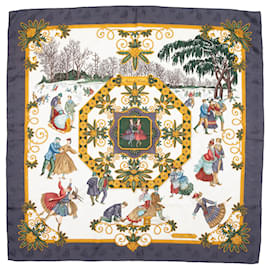 Hermès-Gray & Multicolor Hermes Joie D'Hiver Motif Printed Silk Scarf-Multiple colors