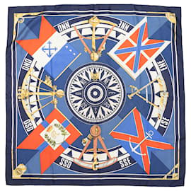 Hermès-Lenço de seda estampado com motivo Hermes Sextants marinho e multicolorido-Azul marinho