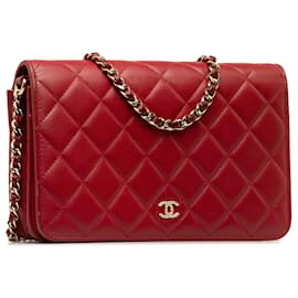 Chanel-Sac à bandoulière en cuir d'agneau CC Chanel rouge avec perles sur chaîne-Rouge