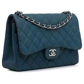 Chanel-Bolsa de ombro Chanel Jumbo Classic Caviar azul com aba-Azul