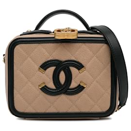 Chanel-Beigefarbene Chanel-Kosmetiktasche mit kleinem Caviar CC-Filigranmuster-Beige