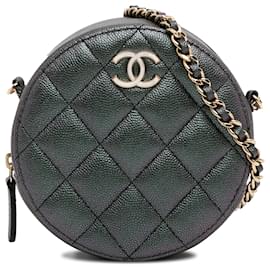 Chanel-Cartera de mano redonda de caviar iridiscente acolchada de Chanel verde con bolso bandolera con cadena-Verde