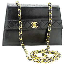 Chanel-BLACK VINTAGE 1989 petit sac porté épaule à chaîne en cuir d'agneau-Noir