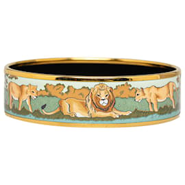 Hermès-Hermès Gold Pride of Lions Wide Enamel Bracelet 65-Golden,Green