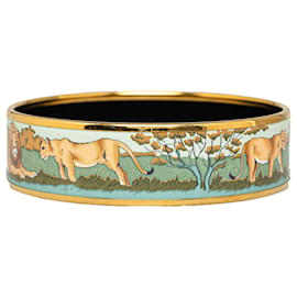 Hermès-Bracelet large en émail Hermès Gold Pride of Lions 65-Doré,Vert