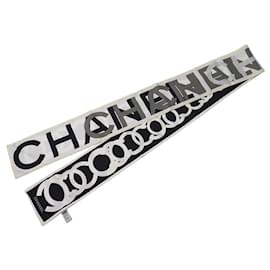 Chanel-CHANEL SLIM SCARF COCO TWILL SILK BANDEAU WHITE BLACK GRAY SILK SCARF-Other