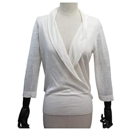 Hermès-PULL HERMES CACHE COEUR S 36 LIN & SOIE BLANC WHITE LINEN SILK TOP SWEATER-Blanc