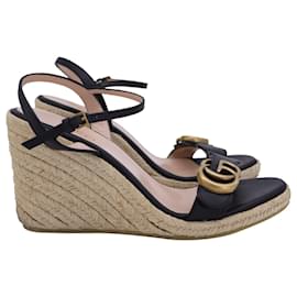 Gucci-Gucci GG Espadrille Wedge Sandals in Navy Blue Leather-Blue,Navy blue