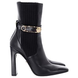Versace Safety Pin Bottes à Talons Hauts en Cuir Noir Noir