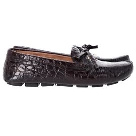 Mocassins Prada Bow en Cuir Marron Embossé Croco Marron