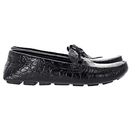Prada-Prada Bow Loafers aus schwarzem krokodilgeprägtem Leder-Schwarz