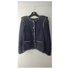 Chanel-CHANEL 2016 Navy Blue Tweed Trimmed Jacket Blazer-Dark blue