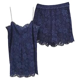 Chanel-CHANEL 2014 Navy Blue Cotton LACE Camisole Shorts Suit Set-Dark blue