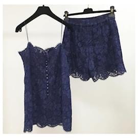 Chanel-Conjunto de traje de camisola y pantalones cortos de encaje de algodón azul marino CHANEL 2014.-Azul oscuro