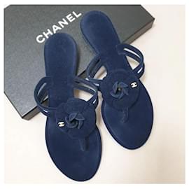 Chanel-Chinelos de dedo de veludo azul marinho da Chanel NWOB com camélia.-Azul escuro