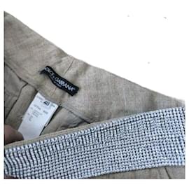 Dolce & Gabbana-Pantalones de lino Vintage Super SS03 con cinturón de cristal para mujer talla 40 IT.-Beige