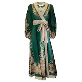Autre Marque-Robe portefeuille en coton à manches longues imprimée multicolore Zimmermann verte-Vert