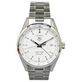 Tag Heuer-Silver Tag Heuer Automatic Stainless Steel Carrera Twin-Time Watch-Silvery