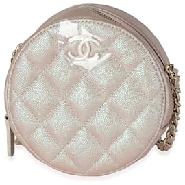Chanel-Embreagem redonda de caviar acolchoado iridescente rosa Chanel com corrente-Rosa
