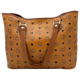 MCM-MCM Visetos Shopper Bag Shoulder Bag Cognac Stripe Tote Logo-Cognac