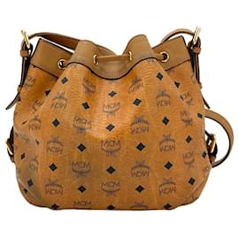 MCM-Bolsa de ombro MCM Bucket Drawstring Bag Cognac Gold, tamanho médio, com estampa do logo.-Conhaque