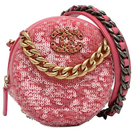 Chanel-Pele de cordeiro com lantejoulas rosa Chanel 19 Embreagem redonda com corrente-Rosa