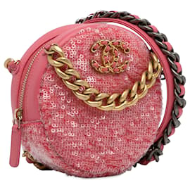Chanel-Chanel Piel de cordero con lentejuelas rosa 19 Clutch Redondo Con Cadena-Rosa