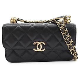 Chanel-Suporte para telefone Chanel Black Caviar Coco First Flap com corrente-Preto