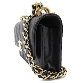 Chanel-Porte-téléphone à premier rabat Chanel Black Caviar Coco avec chaîne-Noir