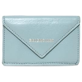 Balenciaga-Balenciaga Portefeuille compact en cuir bleu Mini Papier-Bleu,Bleu clair