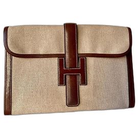 Hermès leather and canvas clutch bag circa 1996 Beige