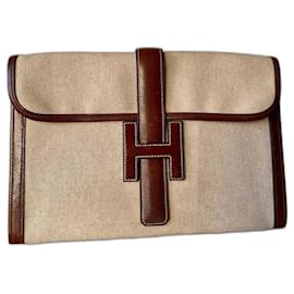 Hermès-Hermès leather and canvas clutch bag circa 1996-Beige