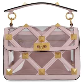 Valentino-VALENTINO GARAVANI Roman Stud medium handbag in pastel pink polymeric material and leather.-Pink,Other