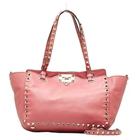 Valentino-Leather Rockstud Tote Bag-Pink