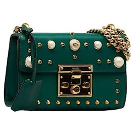 Gucci-Bolso de hombro de cuero con candado y tachuelas con perlas artificiales-Verde
