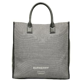 Burberry-Leather-Trimmed Logo Canvas Tote Bag-Black